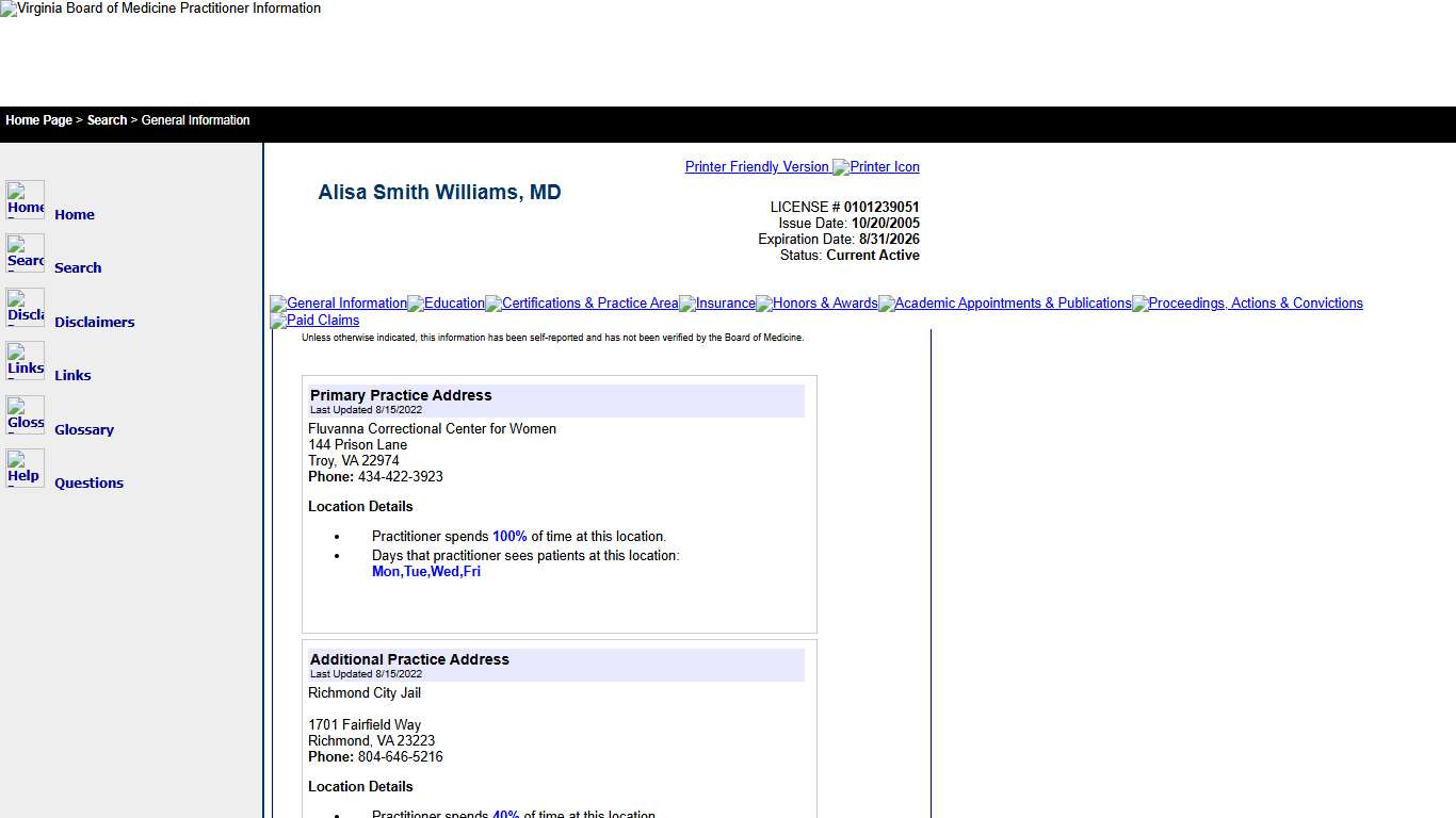 Alisa Williams, MD - 0101239051 - Practice Information - Virginia Board of Medicine Profiles